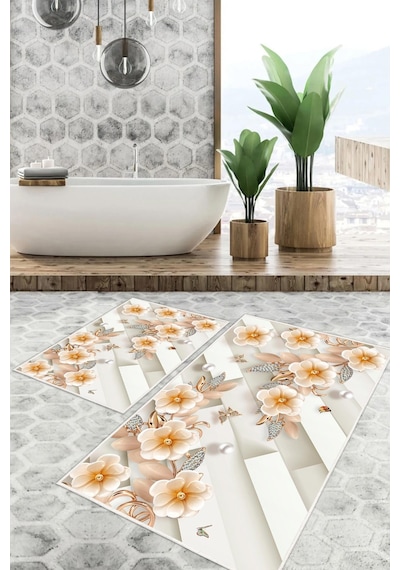 Dijital Baskı Çicek Desen Kaymaz Taban 2li Set Banyo Paspası Klozet Takımı 50x60cm-60x100cm Krem