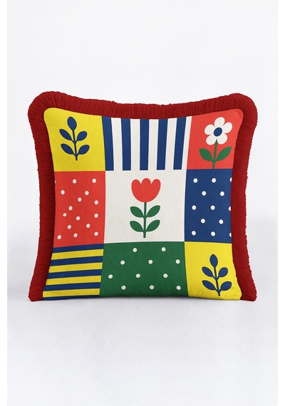 Modern Çiçekli Patchwork Renkli Saçaklı Yastık Kılıfı - Geometrik Mavi Bordo Püsküllü Kırlent Kılıfı Serin Esinti Nektar
