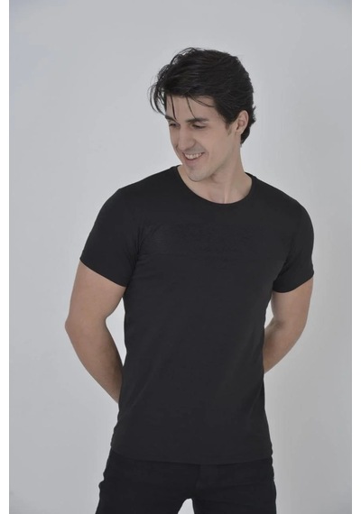 Erkek Gögüs Fileli T-shirt Kısa Kol Bisiklet Yaka Slimfit Tişört - Siyah