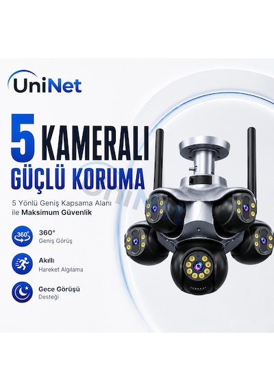 Uninet Unınet 5 Kameralı 360 Akıllı Güvenlik Kamerası Hareket Algılama Ve Gece Görüşü Bulunan Ip Kamera