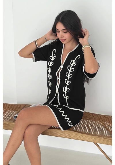 Asprin Fashion Keten Kumaş Süzene Detaylı Takım Siyah