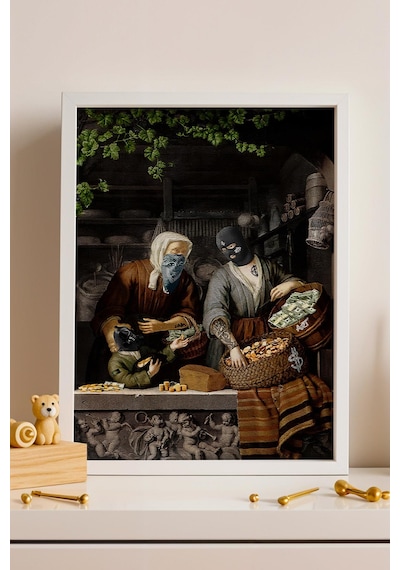 Modern Art Para Temalı Maskeli Figürler Çerçeveli Tablo Ofis Ve Ev Hediyesi Şık Dekor Modifiye Sanat