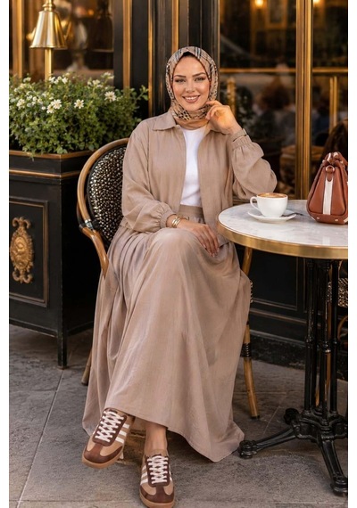 Hb Harma Time Butik Kadın Fermuarlı Çilek Kumaş Bej Ceket Etek İkili Takım Bej Bej