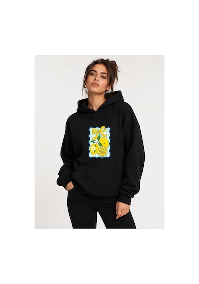 Herkesemoda Limon Baskılı Kapüşonlu 2 İplik Şardonlu Sweatshirt Siyah