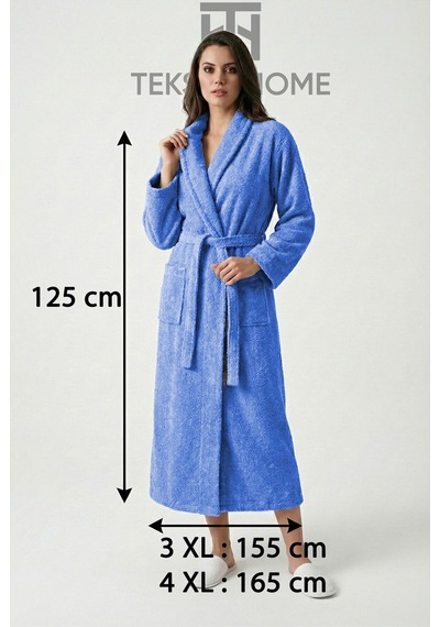 %100 Pamuklu Unisex Bornoz Şalyaka Cepli Büyük Beden 3xl 4xl Erkek Kadın Bornoz Mavi