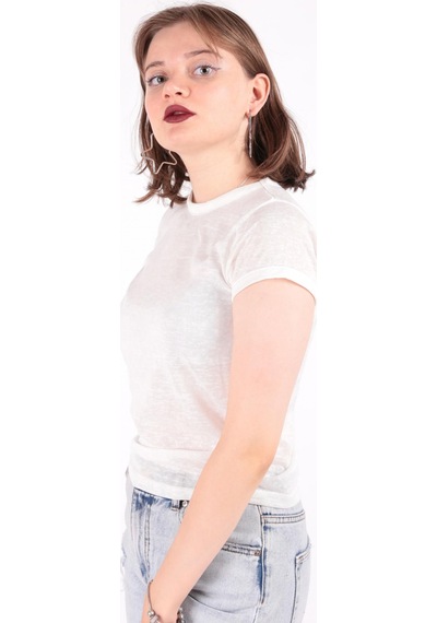 Busem S0016230 Kadın Flamlı İnce T-shirt Beyaz