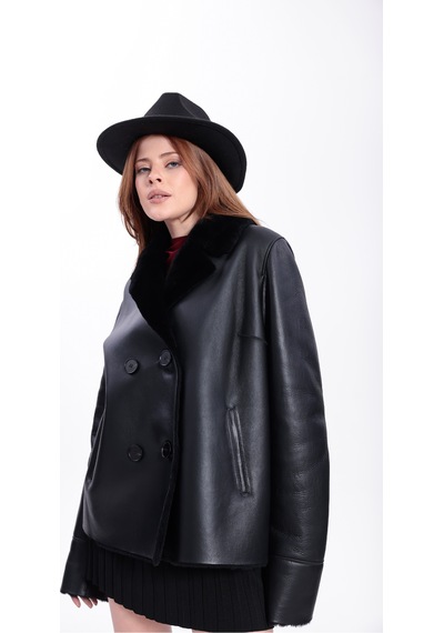 M M Marki Marki Hakiki Deri Kadın Mont Siyah İçi Kürklü Kruvaze Düğmeli Blazer Model 70 Cm - 120622