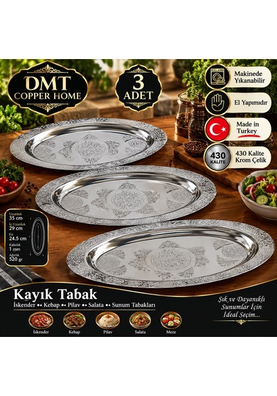430 Kalite Krom Çelik 3 Adet İşlemeli Kayık Tabak 35 Cm İskender, Kebap, Pilav Ve Salata Sunum Tabağı Gümüş