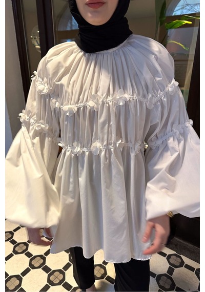 Unika Boutique Mini Çiçekli Kadın Tesetettür Gömlek Beyaz