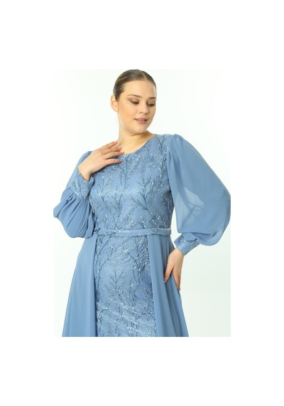 Ladies First Büyük Beden 3704 Indigo Uzun Abiye Elbise