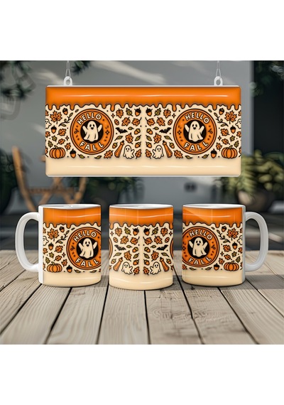 Hello Fall Sonbahar Kupa Yaprak Balkabağı Ve Hayalet Desenli 3d Görünümlü Bardak - Kabartmasız Beyaz