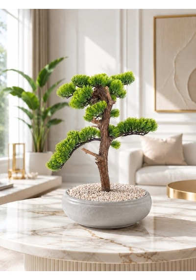 Premium Kalın Gövdeli Yapay Bonsai Ağacı - Modern Gri Saksıda Çok Renkli