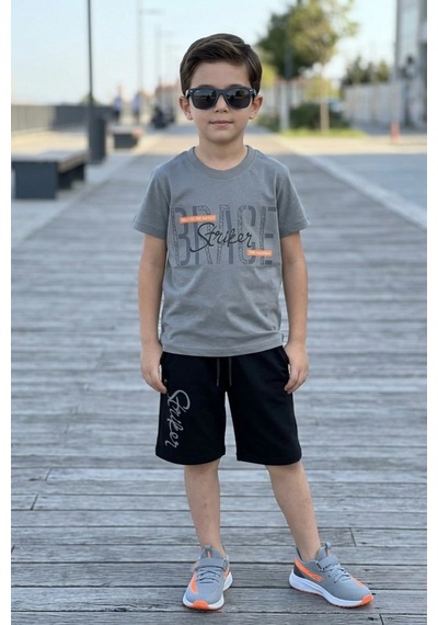 Koçak Kids Brage Striker Yazı Desenli Erkek Çocuk Şortlu Takım Gri