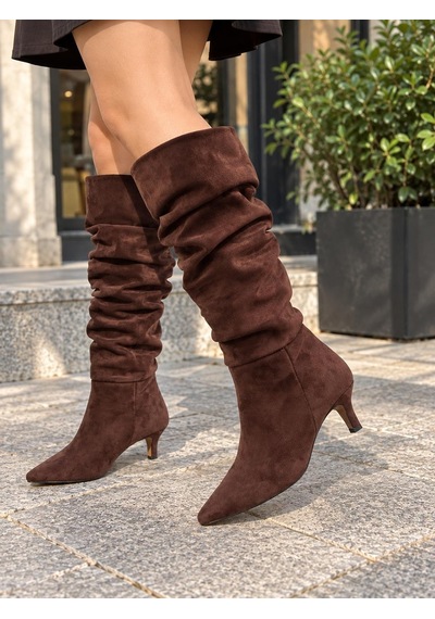Asmi Shoes Kadın Tima Kahve Süet 6 Cm Topuklu Körüklü Sivri Burun Çivi Topuk Çizme