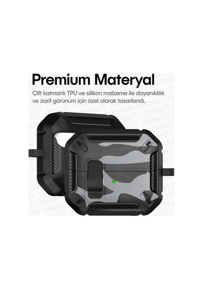 Samsung Galaxy Buds 3 Pro, Buds 3 Ve Buds 3 Fe İle Uyumlu Mandallı Kapak Kilit Sistemli Mat Dokulu Darbelere Dayanıklı Kamuflaj Silikon Kılıf Siyah