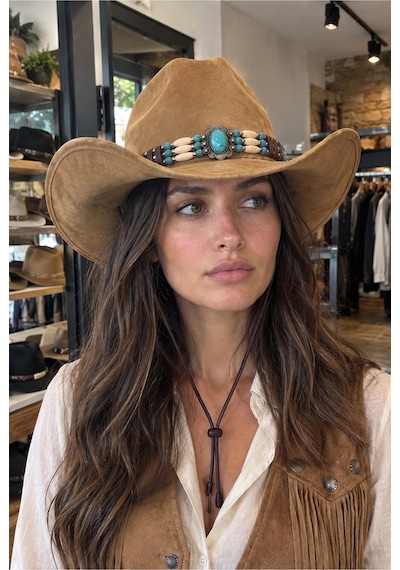 Gigi Luxe Kadın Premium Dokulu Western Kovboy Şapkası Boncuklu Şapka Bohem Bej Bej