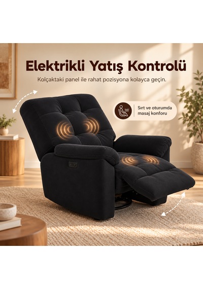 Smarto Relax Porto Masajlı Elektrikli Döner Sallanan Tv Koltuğu Kontrol Panelli Ergonomik Polyester Baba Koltuğu Siyah