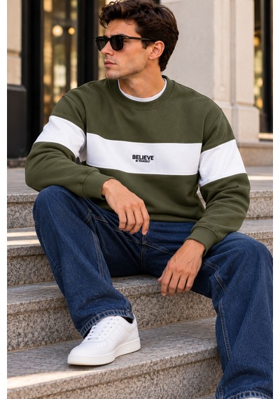 Tarz Cool Erkek Şerit Detaylı Believe Baskılı 3 İplik Şardonlu Bisiklet Yaka Sweatshirt Haki