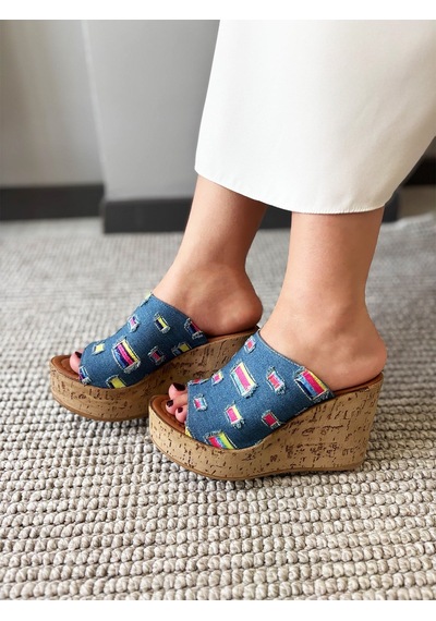 Asmi Shoes Kadın Limo Mavi Kot Dolgulu Mantar Taban Terlik 10 Cm Mavi