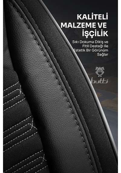 Siyah - Gri Butti Libro Serisi Keten Kumaş Premium Oto Koltuk Kılıfı Destekli, Ön Arka Tam Set