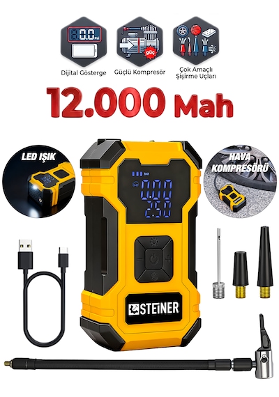 Steiner 12.000 Mah Dijital Ekranlı Kablosuz Lastik Hava Pompası Şarjlı Hava Kompresörü Powerbank Led Işık Sarı