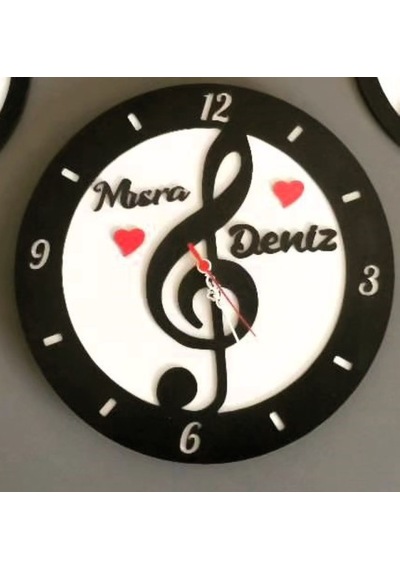 Müzik,nota ,sol Anahtarı Temalı Duvar Saati Kişiye Özel Siyah Beyaz