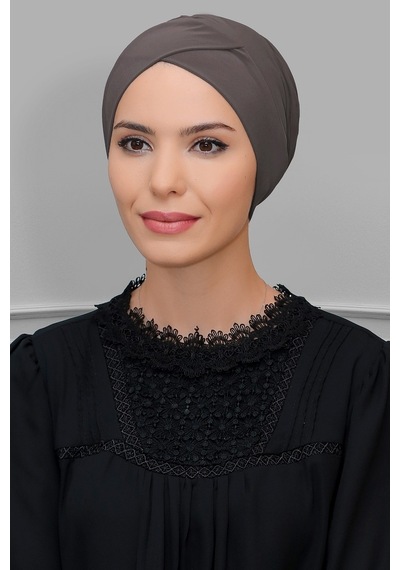 Hürrem Bone Vizon Pratik Hazır Geçmeli Tesettür Bone Sandy Kumaş Çapraz Büzgü Vizon