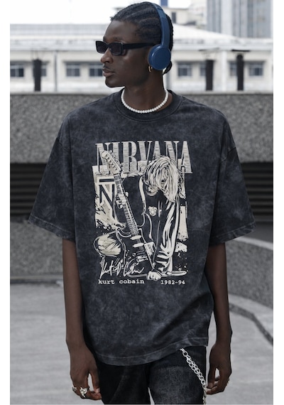 Nirvana Kurt Cobain Rock Metal Müzik Grubu Baskılı Unisex Oversiz Siyah