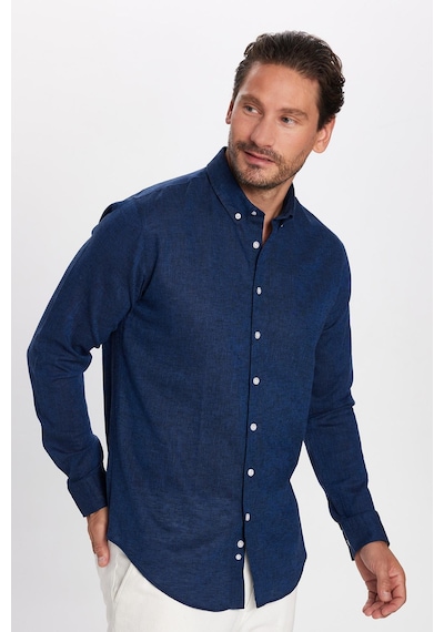Tudors Erkek Slim Fit Dar Kesim Uzun Kollu Keten Premium Seri Düğmeli Yaka Spor İndigo Gömlek-32820 İndigo