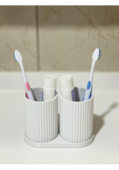 Modern Banyo Düzenleyici - Diş Fırçalık Seti - Ikili Set - Beyaz 10cm Beyaz