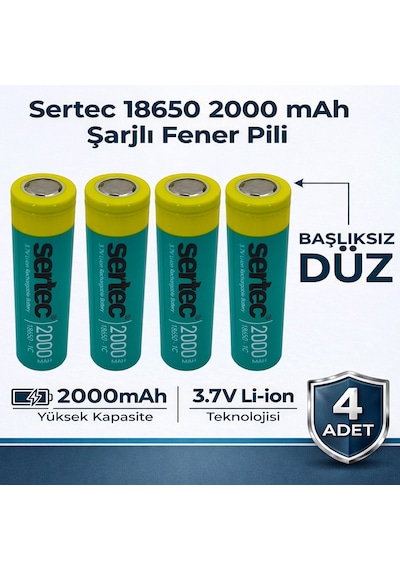 Sertec 18650 Şarjlı Pil 2000mah Fener Pili 3.7v Li-ion Başlıksız Düz 4lü