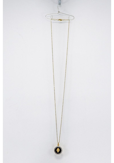 Parlak Taşlı Hamse Eli Figürlü Paslanmaz Çelik Kolye 60 Cm Çok Renkli