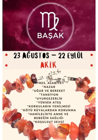 Gümüştel El Sanatları Sertifikalı Burç Taşı Başak Burcu Akik Taşı Bileklik Turuncu