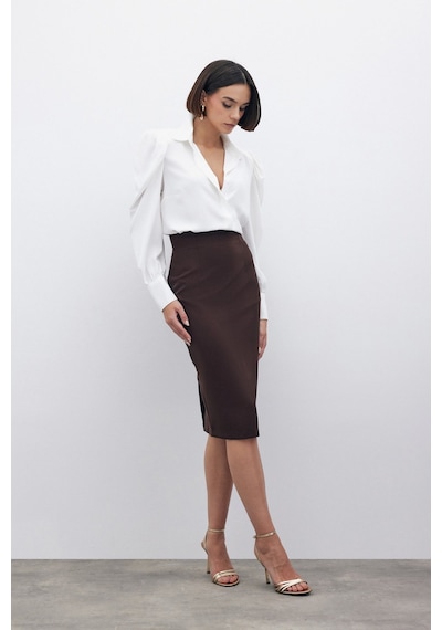 Sateen Düz Kalem Etek - Kahve