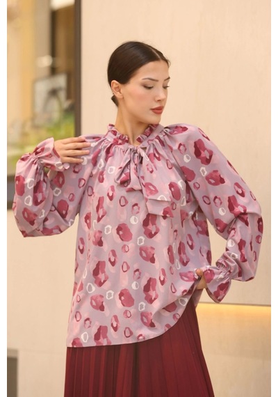 Lodmela Bağlama Detaylı Büzgülü Bluz 6028-lila/bordo Lila/bordo