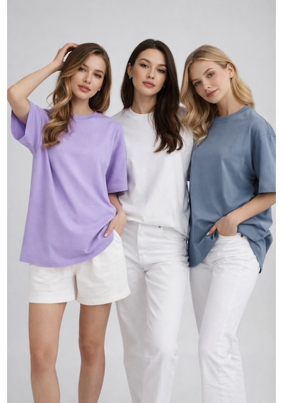 Kadın 3'lü Paket Antrasit-beyaz-lila %100 Pamuk Oversize Basic Tişört Bisiklet Yaka Relaxed T-shirt Hardal-saks Mavi-turkuaz