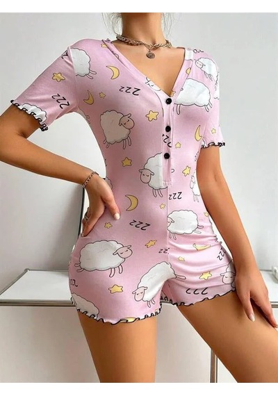 Go İthalat Kadın Şık Tasarım Pamuklu Pembe Kuzu Desenli Düğmeli Uzun Kol Tulum Pijama