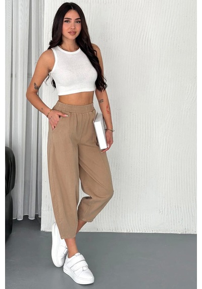 Meine Liebe Unterwäsche Kadın Pamuklu Bel Lastikli Dikiş Detaylı Camel Gabardin Kumaş Pantolon Camel