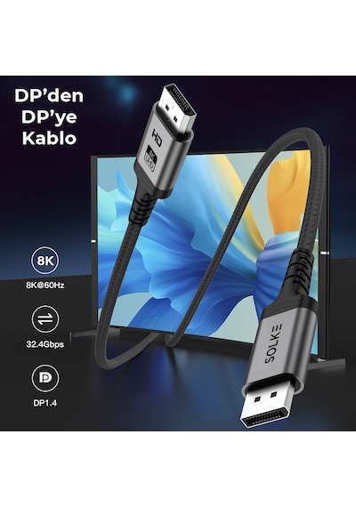 Solke Displayport 1.4 Kablo 8k 60hz 4k 144hz 32.4gbps Örgülü Alüminyum 2 Metre Dp To Dp 2 M