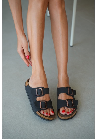 Selin Shoes Noir Çift Ayarlanabilir Tokalı Kadın Terlik- Siyah