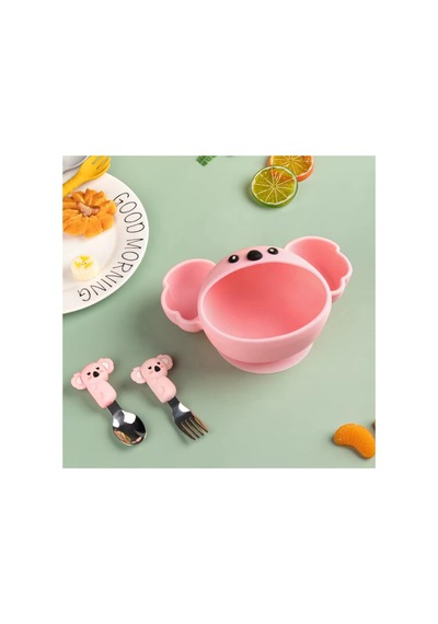 Pembe Koala Premium Çocuk Vakumlu Silikon Beslenme Mama Kase, Paslanmaz Çelik Çatal-kaşık 9+ Ay