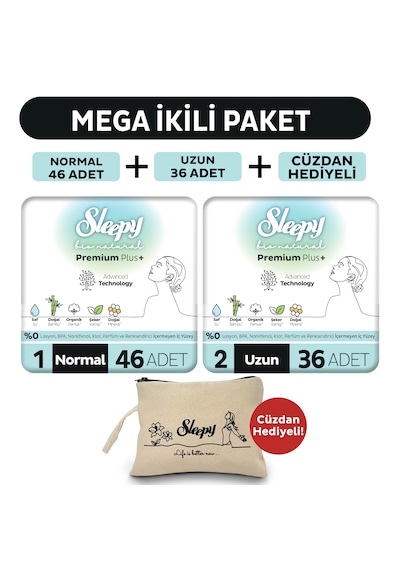 Sleepy Bio Natural Premium Plus Hijyenik Ped Mega Paket Normal 46'lı + Uzun 36'lı + Cüzdan