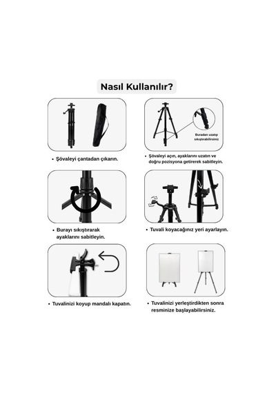 Katlanabilir Metal Tripod Şövale - Kollu Yükseklik Ayarlı, Taşıma Çantalı, Siyah