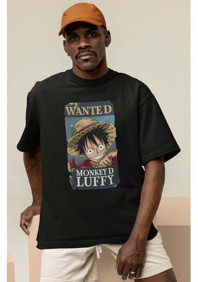 Sevbano Wanted Monkey D. Luffy Baskılı Unisex Oversize One Piece Anime Ka Siyah