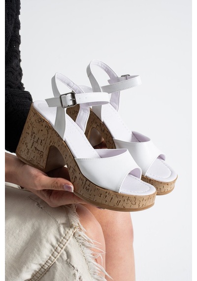 Dabab Shoes Loreva Kadın Beyaz Platform Taban 9 Cm Kalın Topuklu Bilekten Bantlı Sandalet