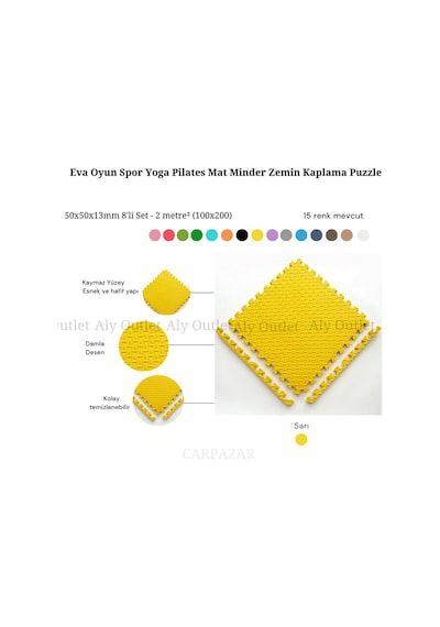 Damla Desen Tatami Eva Spor Yoga Pilates Oyun Matı Halısı Minderi Puzzle 50x50 13mm 8 Adet 100x200 Sarı