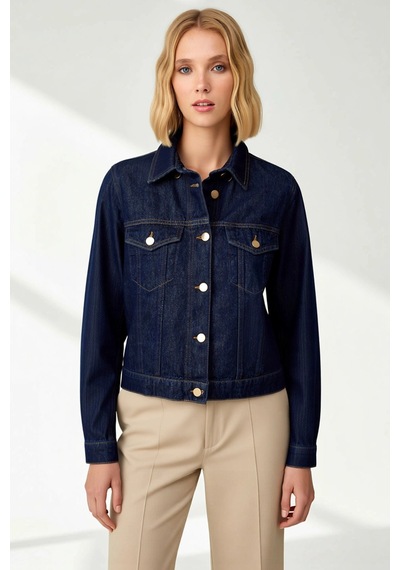 Benerly Kadın %100 Pamuk Gömlek Yaka Standart Kol Denim Ceket Fonksiyonel Koyu Mavi