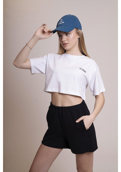 Afloow Delicate Kadın Beyaz Oversize Crop Tişört - %100 Pamuk Bisiklet Yaka, Ön Ve Sırt Baskılı, Rahat Kesim, Şık Ve Modern Tasarım Beyaz