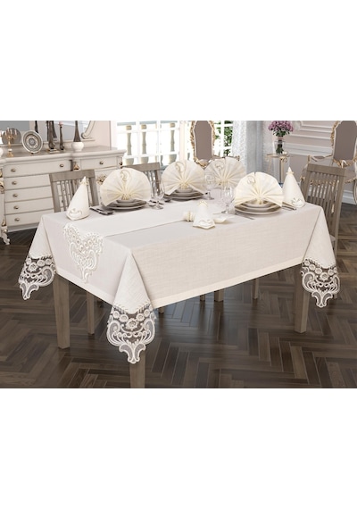 Crown Linen Fransız Güpürlü Masa Örtüsü Takımı 26 Parça Krem