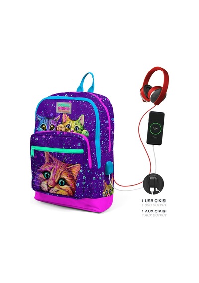 Coral High Mor Kedi Usb Soketli Üçlü İlkokul Çanta Seti - Kız Çocuk